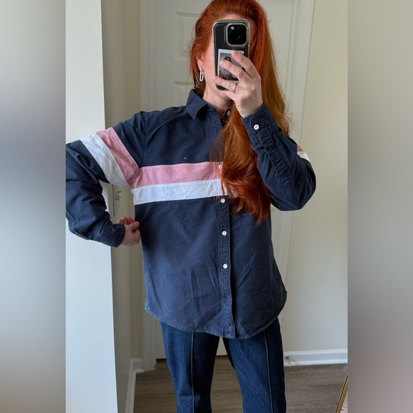 Tommy Hilfiger Oversized whiteblue pink Button down boyfriend shirt men’s size L - Picture 7 of 10